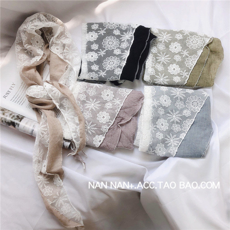 双层蕾丝拼接三角巾女韩国百搭薄款小围巾复古文艺森系腰领巾装饰