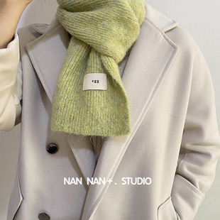 网红egg字母标马海毛夹花羊毛围巾女冬韩国百搭气质长窄针织围脖