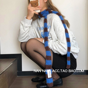 拼色条纹设计感时髦飘带细窄围巾女秋冬叠戴辣妹y2k长条毛绒围脖