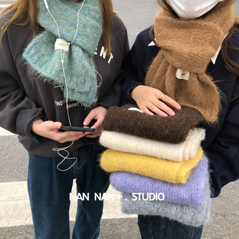 网红ggg字母马海毛夹花含羊毛围巾女冬厚款保暖毛茸针织毛线围脖