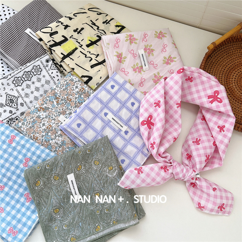 68CM纯棉小方巾拍照头巾女四季甜美印花装饰护颈小领巾薄款小围巾