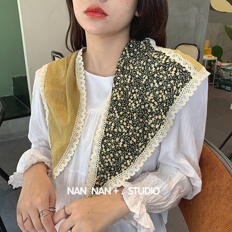 日韩复古清新碎花拼色小丝巾女蕾丝边森系文艺装饰三角小围巾领巾