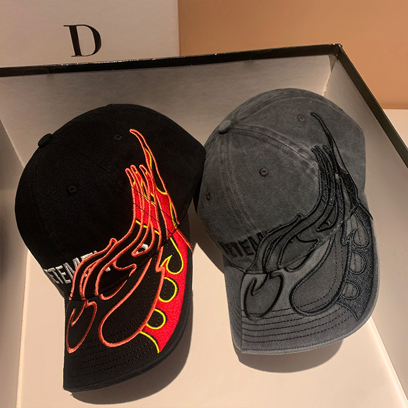 重工火焰字母水洗做旧牛仔棒球帽女个性嘻哈软顶大头围鸭舌帽男潮