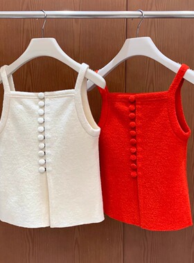 现货MAR~25早春新品设计师品牌百搭简约毛呢短款吊带背心正反两穿