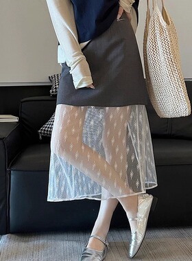 2025秋冬小众设计师品牌时髦假两件叠穿层次感双层蕾丝气质半身裙