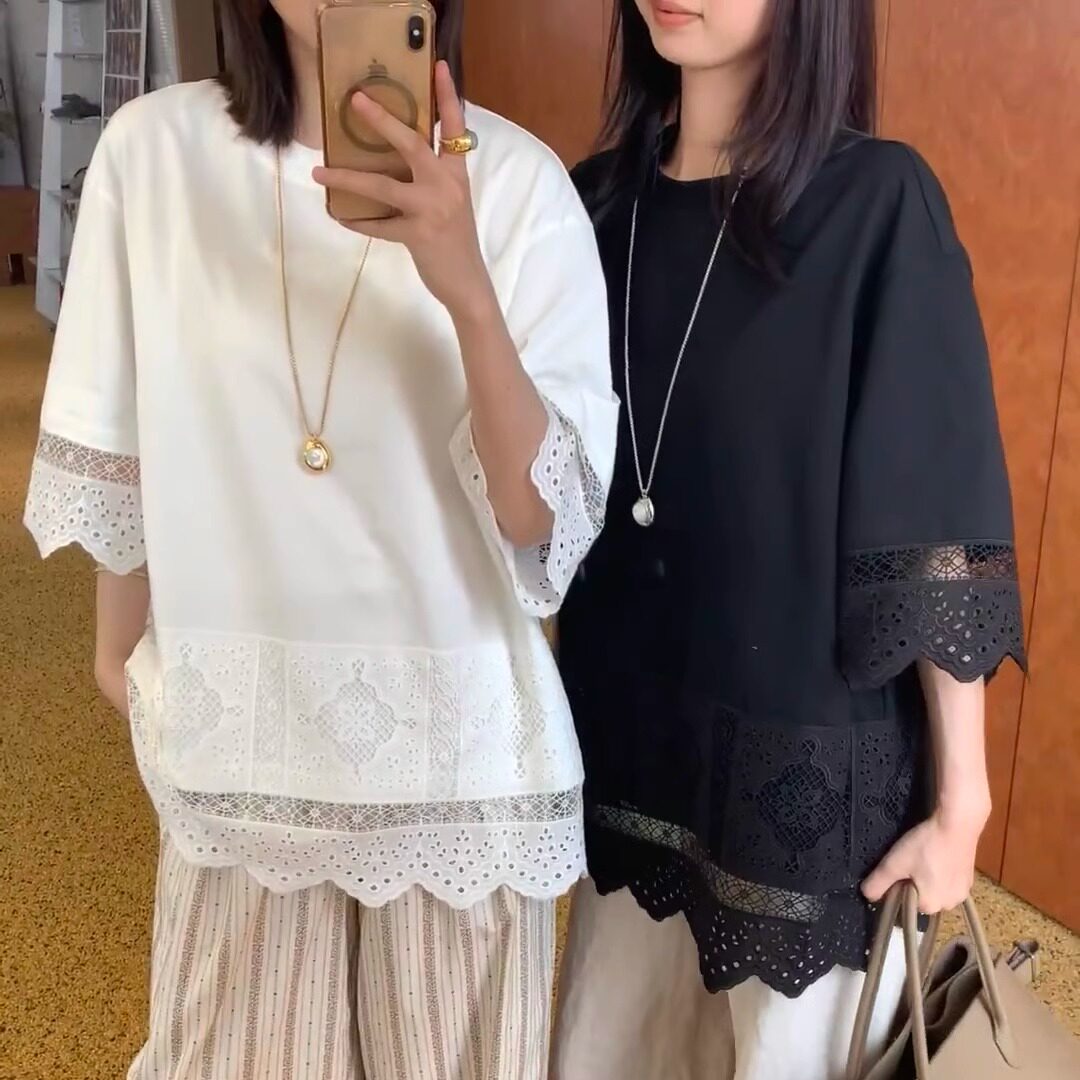 现钟楚曦同款25夏季新款绣花蕾丝边镂空拼接大码宽松休闲短袖T恤