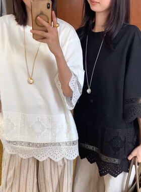 现钟楚曦同款25夏季新款绣花蕾丝边镂空拼接大码宽松休闲短袖T恤