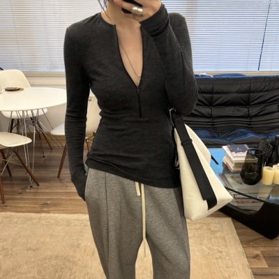 现货Lie半拉链V领天丝羊毛T恤