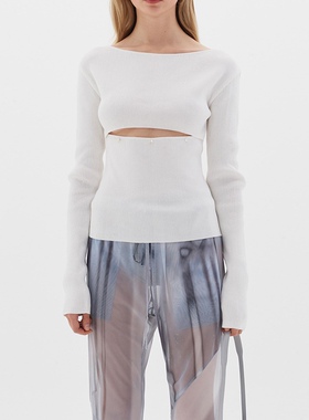 low classic韩版2023春夏新款一字肩修身显瘦镂空两穿针织衫简约