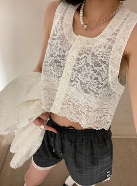 MAR小众设计感白色蕾丝网纱无袖背心夏季性感辣妹马甲上衣 24新品