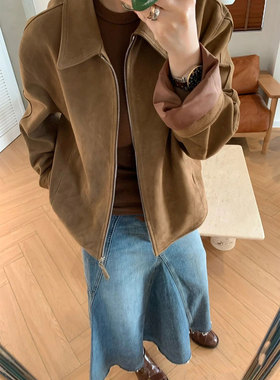 low classic复古风设计师品牌麂皮拉链夹克短外套女 2024早春新款