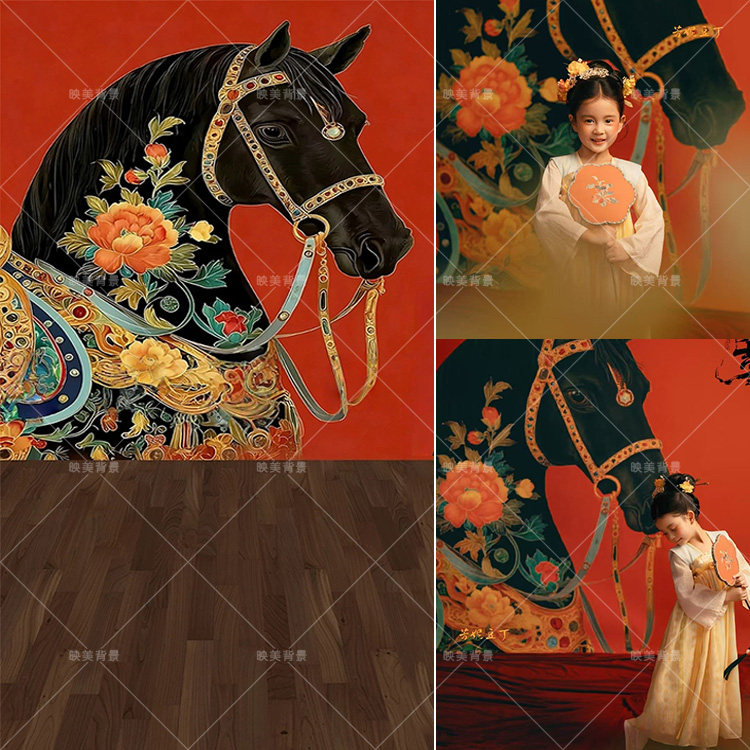 马年新年中国风儿童拍照背景影楼汉服孕妇马年春节喜庆写真背景布