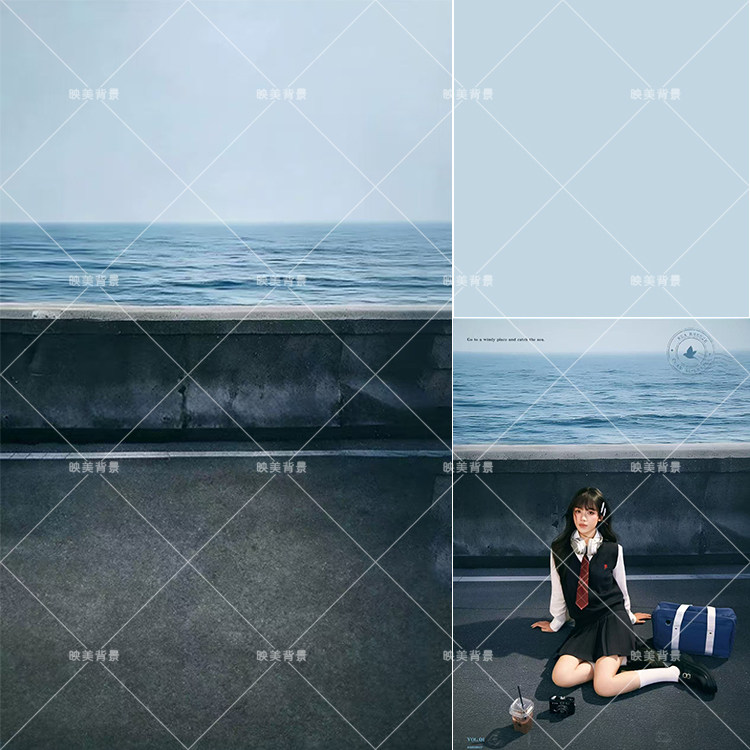 海岸风景少女制服写真拍照背景布影楼直播商拍服装道具拍照背景纸