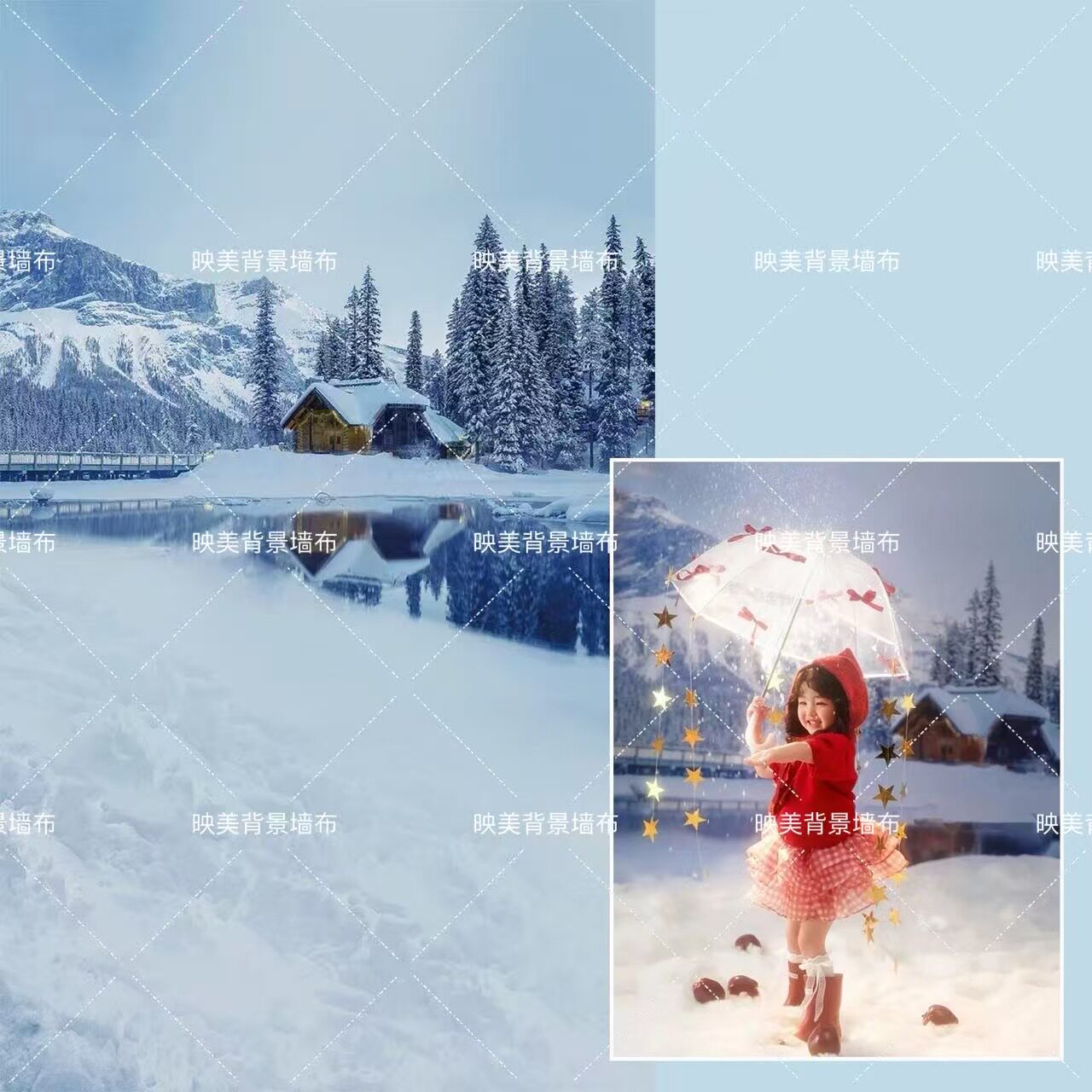 冬季雪景背景布圣诞节小木屋氛围感儿童初雪写真室内摄影棚影楼
