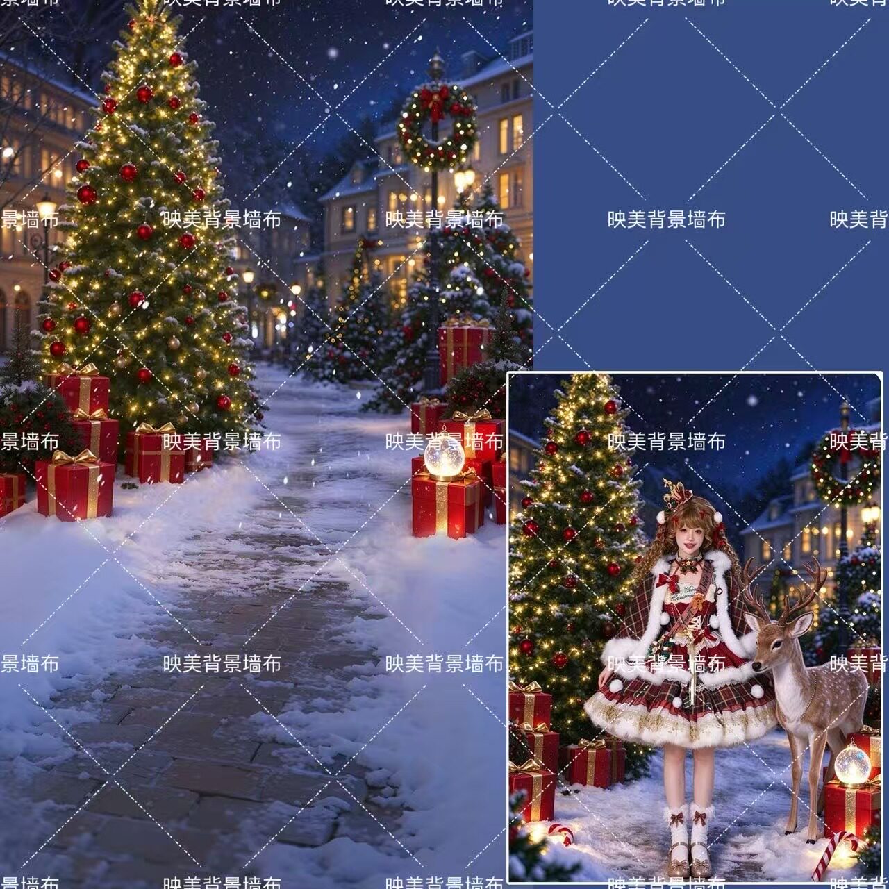 冬季雪景背景布氛围感雪屋儿童写真室内摄影棚影楼圣诞节风景拍照