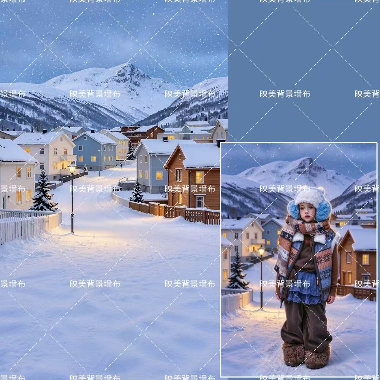 冬季雪景背景布氛围感雪屋儿童写真室内摄影棚影楼圣诞节风景拍照