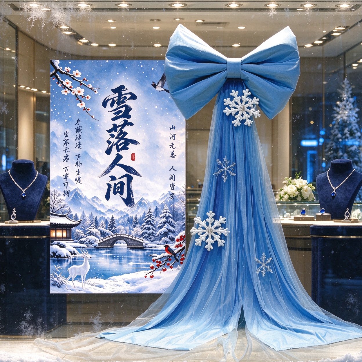 冬季雪景蓝蝴蝶结背景布橱窗美陈