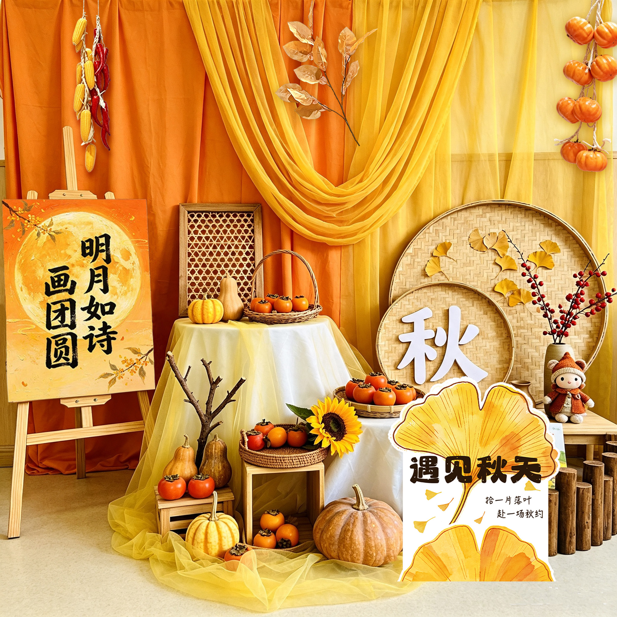 秋色牛奶丝弹力幼儿园褶皱纱幔