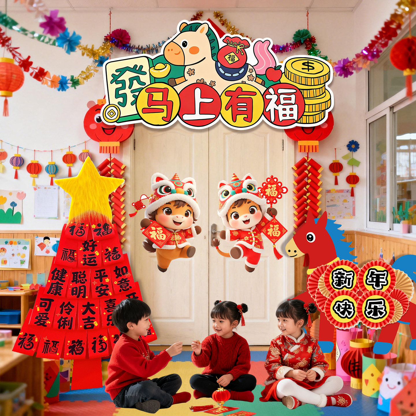 新年教室门头布置环创2026马年幼儿园装饰春节喜庆场景装扮用品,节庆用品/礼品,装扮布置套餐,淘宝优惠券,粉丝福利购,淘宝优惠卷