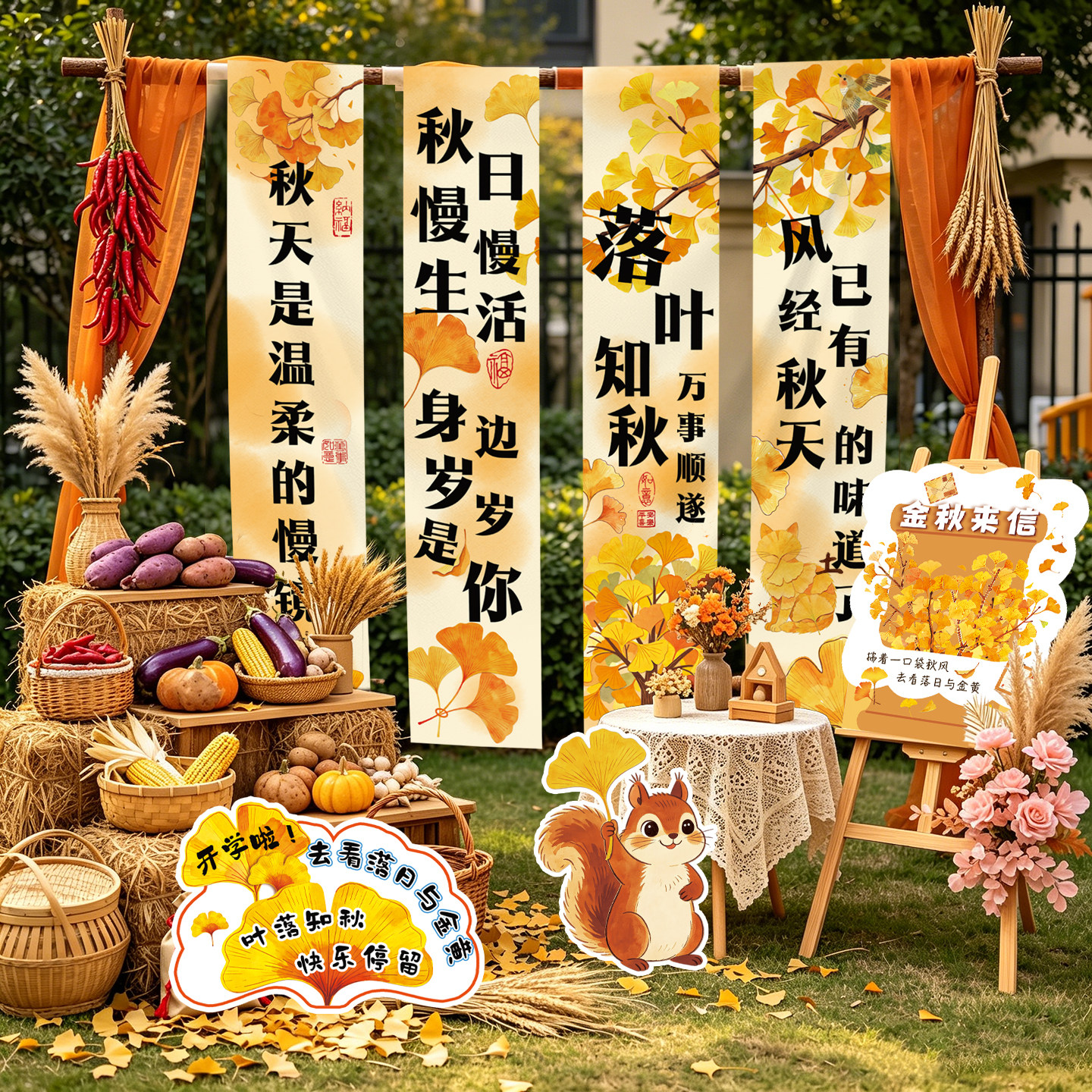 秋天环创卡通银杏叶写真布条幅图片