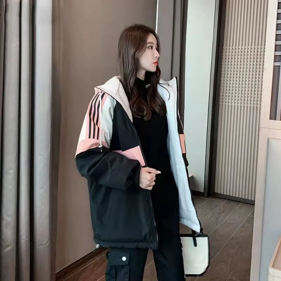 厚款棉服女2025秋冬新款韩版连帽学生两面穿休闲棉衣外套派克服潮