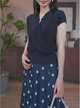 司歌针织v领知性短袖上衣女显瘦 G93G3508
