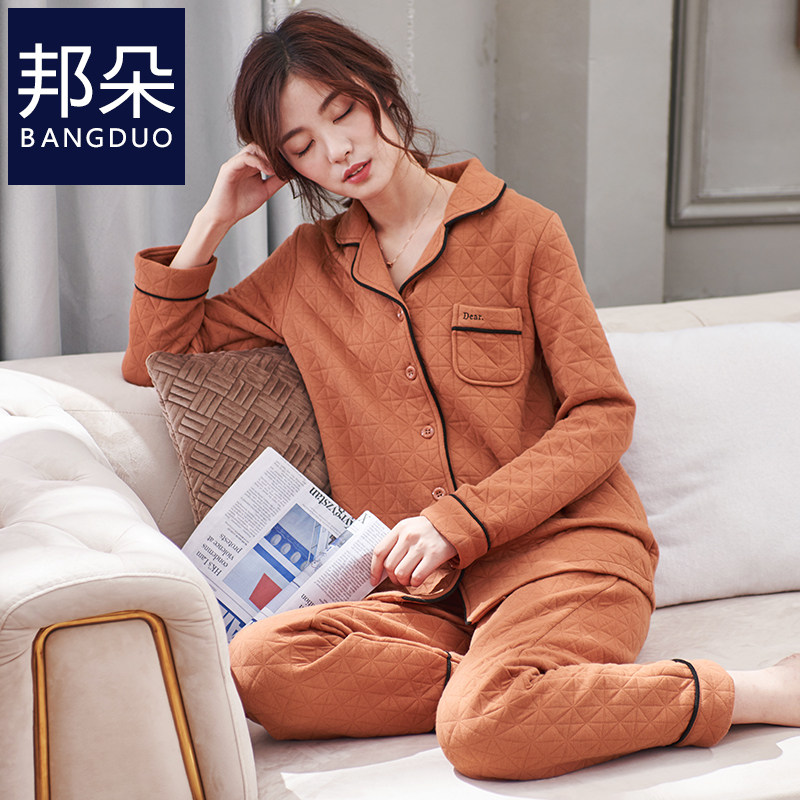 3睡衣女冬季长袖纯棉加厚空气棉夹层秋冬薄夹棉宽松大码家居服套装