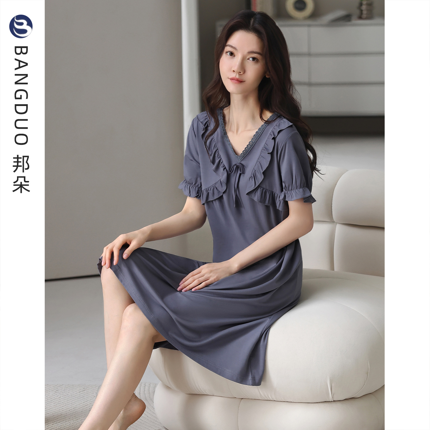 带胸垫睡裙女夏莫代尔短袖连衣裙