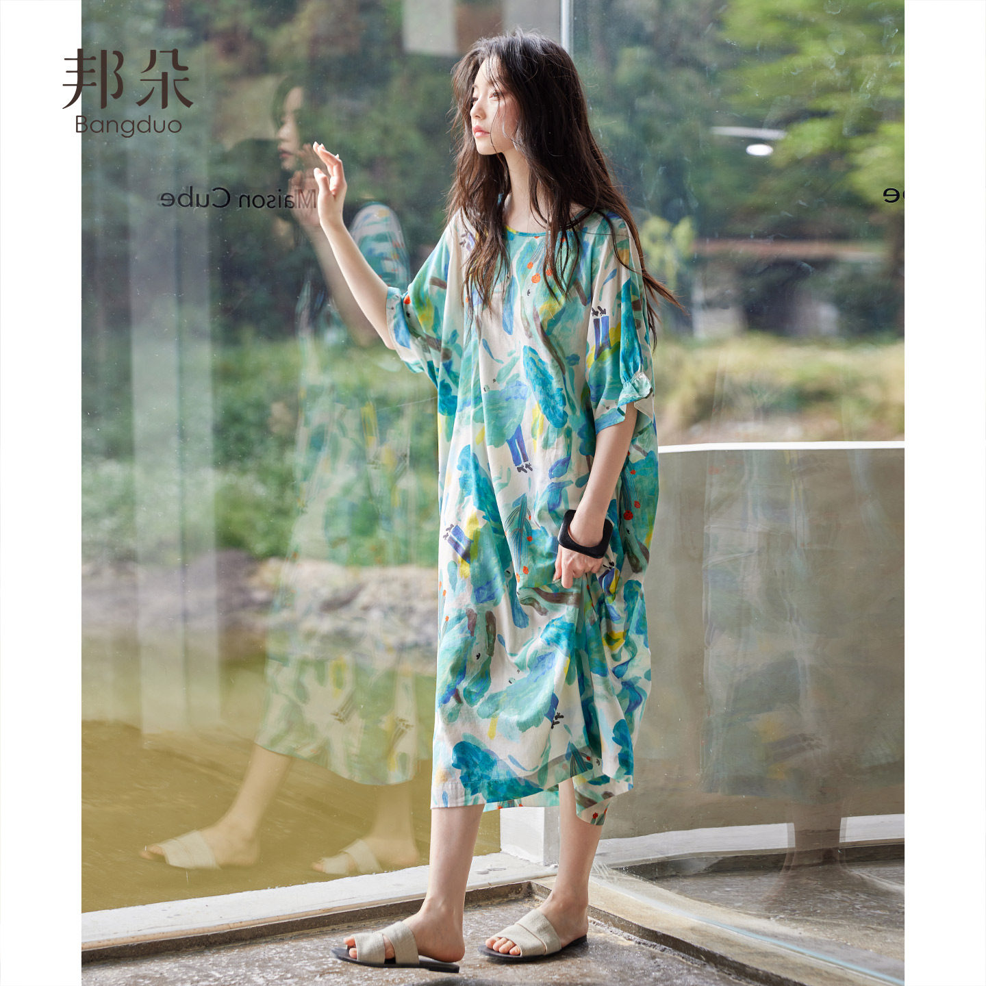 梭织棉纱布睡裙女夏季薄款棉绸短袖超长裙睡衣高级感度假风连衣裙