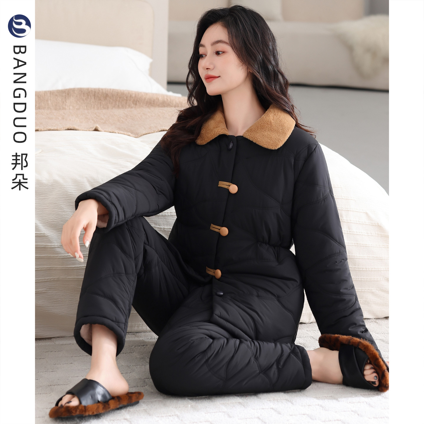 睡衣女士秋冬羽绒夹棉长袖家居服