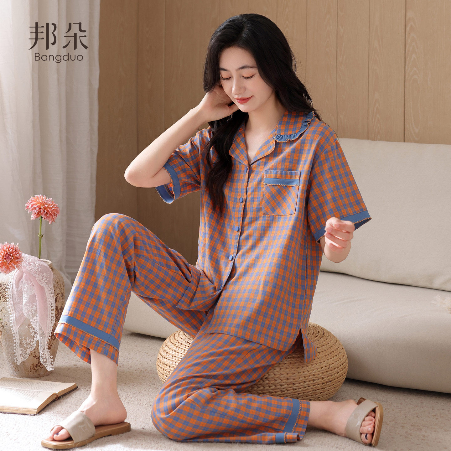 梭织棉纱布睡衣女夏季纯棉短袖长裤薄款休闲中年妈妈高级感家居服