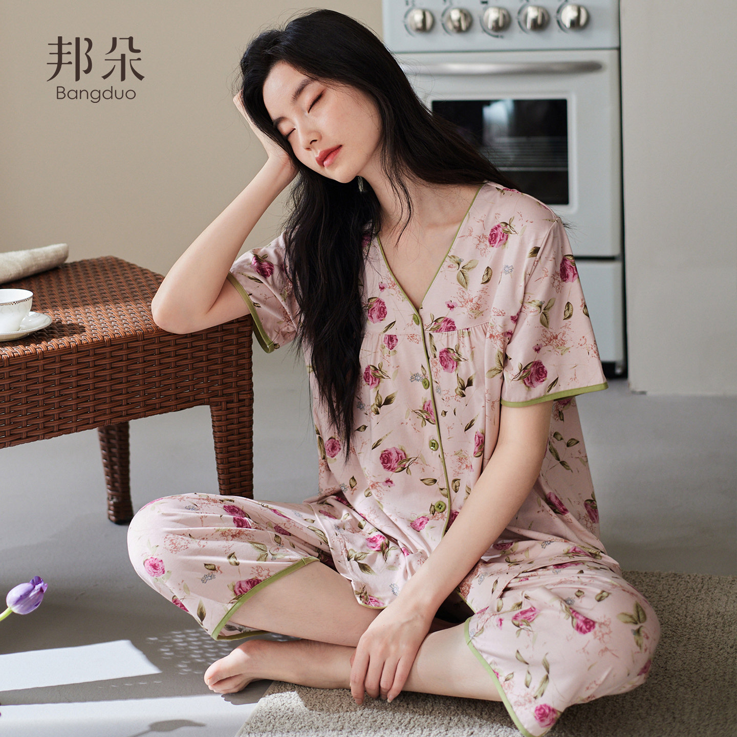 睡衣女夏季莫代尔短袖七分裤薄款夏天冰丝凉感中年妈妈休闲家居服
