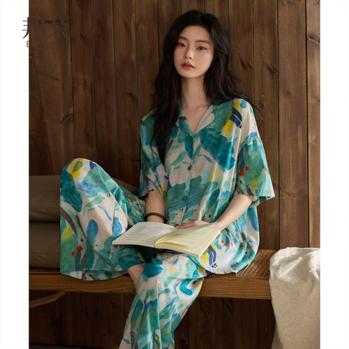 睡衣女夏季梭织棉短袖长裤家居服