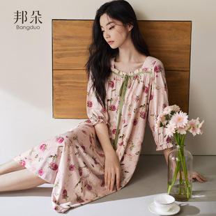 中长裙冰丝长袖 睡裙女春秋款 夏季 睡衣薄款 妈妈连衣裙 莫代尔七分袖