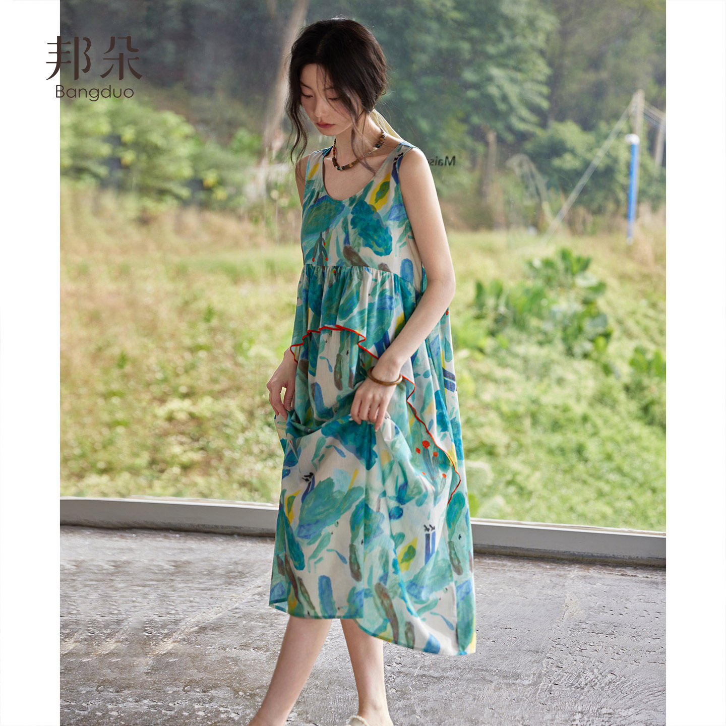 带胸垫睡裙女夏季棉绸无袖背心超长裙度假风睡衣梭织棉纱布连衣裙