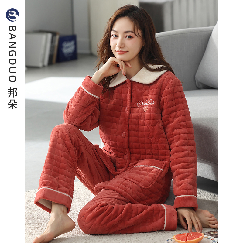 睡衣女法兰绒薄夹棉冬季家居服
