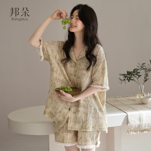 睡衣女夏纯棉纱布短袖短裤家居服