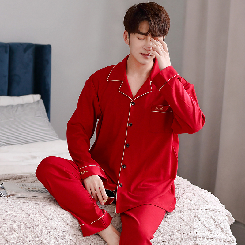 睡衣男士春秋纯棉长袖大红色本命年全棉薄款秋季男款秋冬款家居服