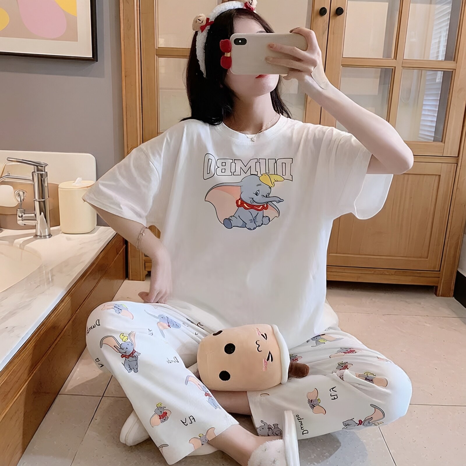 卡通小飞象睡衣女夏秋季纯棉短袖睡衣/家居服套装