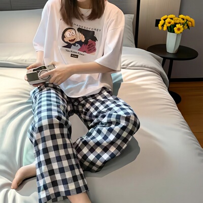 夏季可爱卡通短袖长裤睡衣女