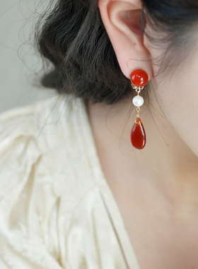 新中式复古优雅红玛瑙珍珠耳夹无耳洞耳骨夹显脸瘦甜美耳环51168