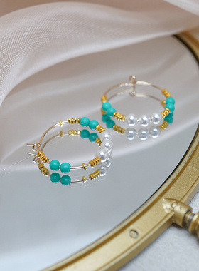法式少女蓝松石珍珠碎金子耳圈14k包金圆圈耳环复古国潮耳饰50469
