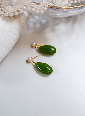 yeajewel设计感气质人造绿玉髓珍珠耳钉925银淑女古风耳环潮30153