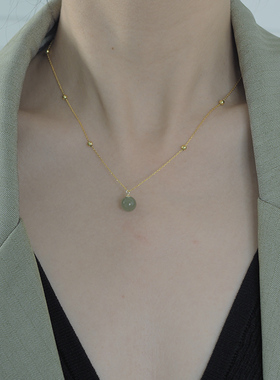 925纯银和田玉金珠吊坠项链新中式简约锁骨链小众设计轻奢女01109