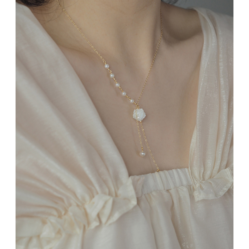 小众设计感珍珠串流苏贝壳花项链925银饰复古山茶花锁骨链202111