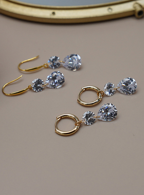 法式少女灵动双锆石耳环925纯银耳钩通勤超闪精致耳饰小众女50305