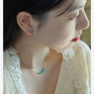 小众设计迷你手作蓝松石耳钉小巧复古法式耳环14k包金国风女41221