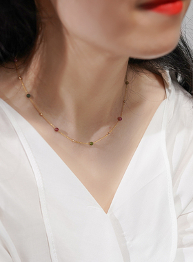 小众设计感糖果彩虹碧玺金珠满天星项链925银甜美少女锁骨链40491