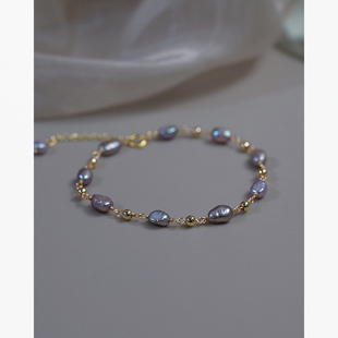 小众复古宫廷风紫珍珠金珠手串14k包金手链法式少女手饰潮412125