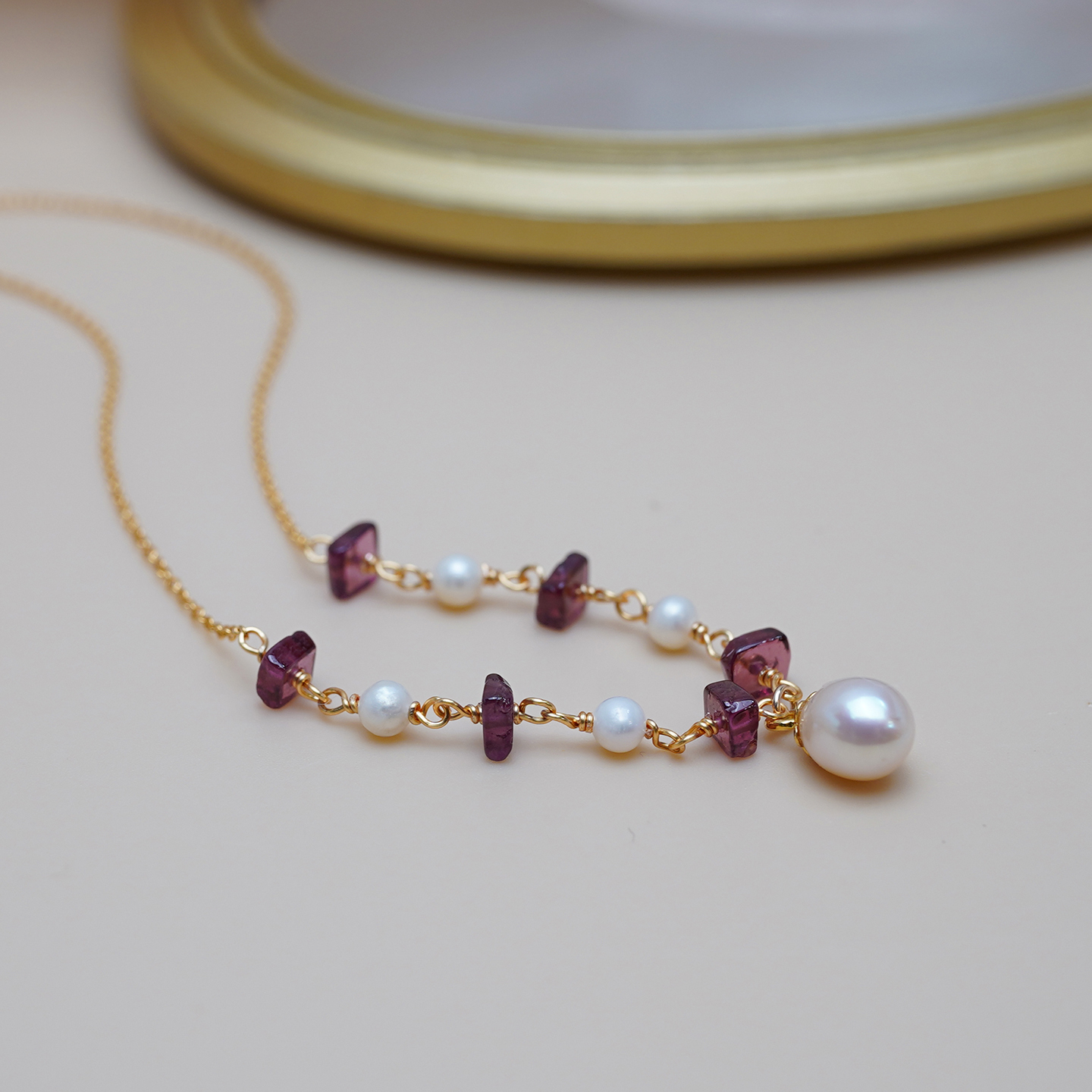 小众设计感甜美气质石榴石珍珠项链925纯银复古优雅锁骨链女51152